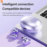 Wireless earbuds with a charging case in a metallic purple color.