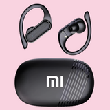 Wireless earbuds with a charging case featuring the Mi logo.