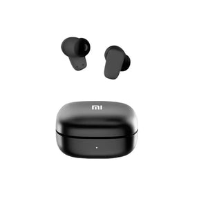 Wireless earbuds with a charging case bearing the ’mi’ logo.