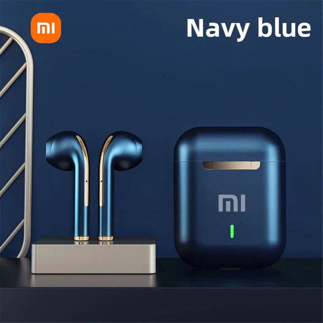 Wireless earbuds with a charging case in navy blue color.