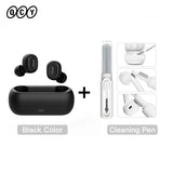 Wireless earbuds with charging case and cleaning pen.