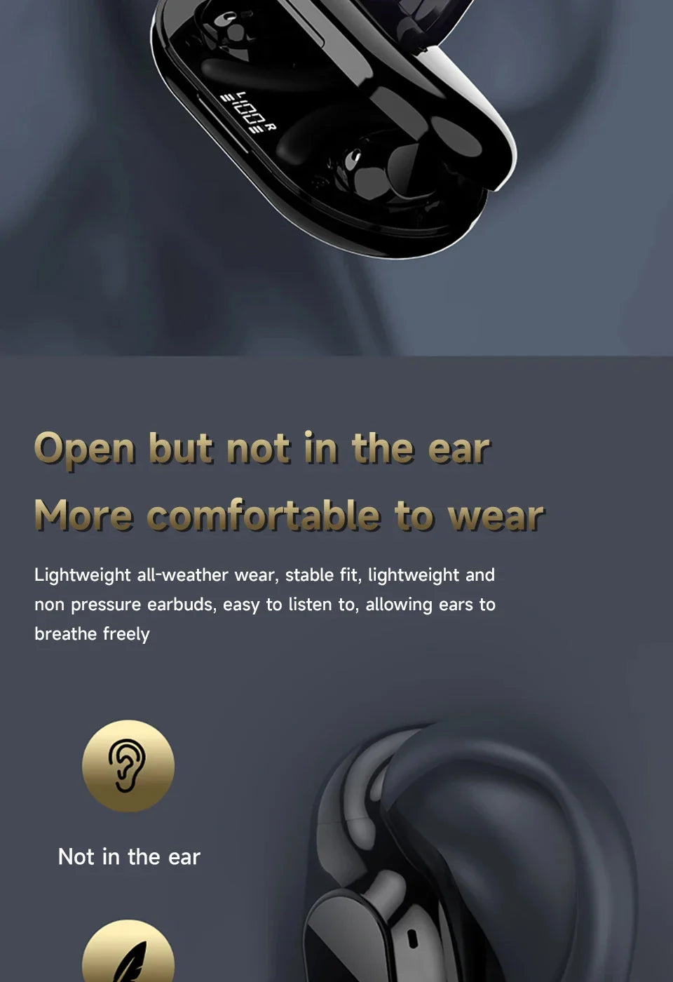 Wireless earbuds in a charging case with product feature descriptions.