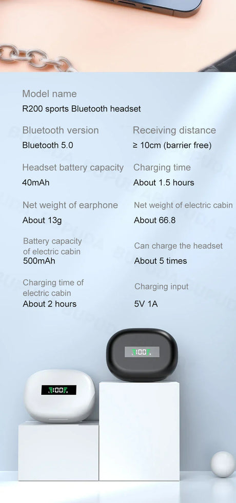 Wireless earbuds in a charging case with product specifications listed above.