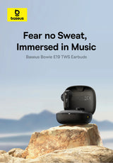 Wireless earbuds in a charging case sitting on a rock.