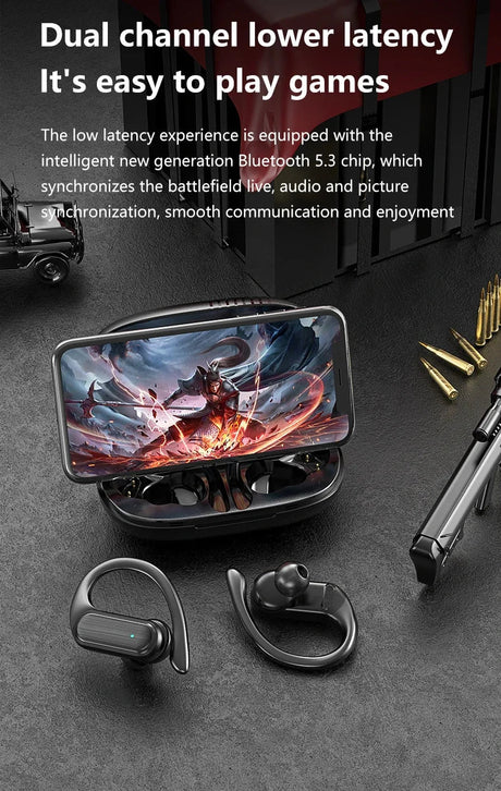 Wireless earbuds with a charging case displaying a gaming scene on its screen.