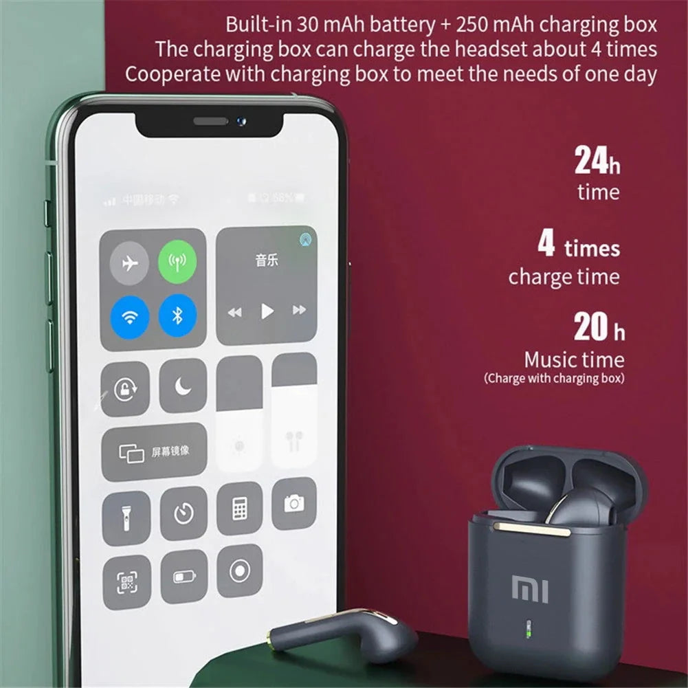 Wireless earbuds with a charging case next to a smartphone displaying its control panel.