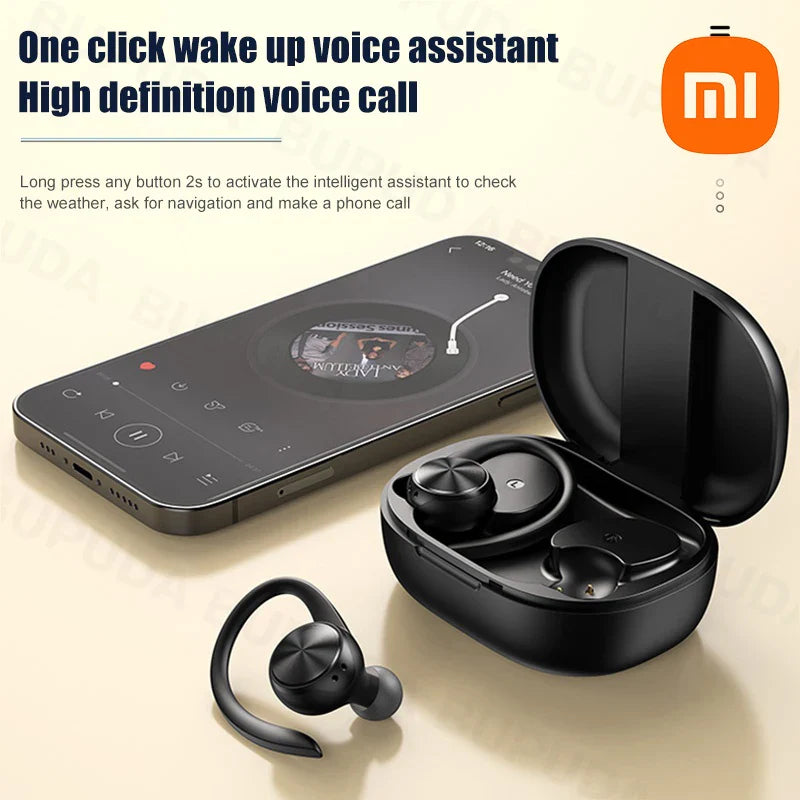 Wireless earbuds with a charging case and smartphone displaying a voice assistant interface.