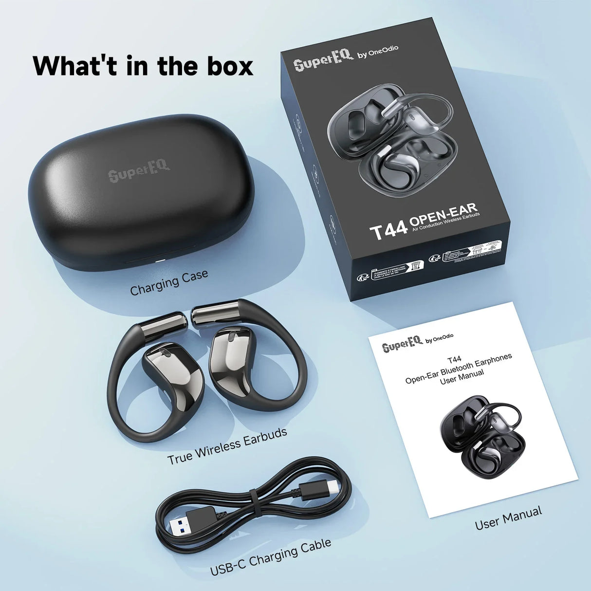 Wireless earbuds with a charging case, USB cable, product box, and user manual.