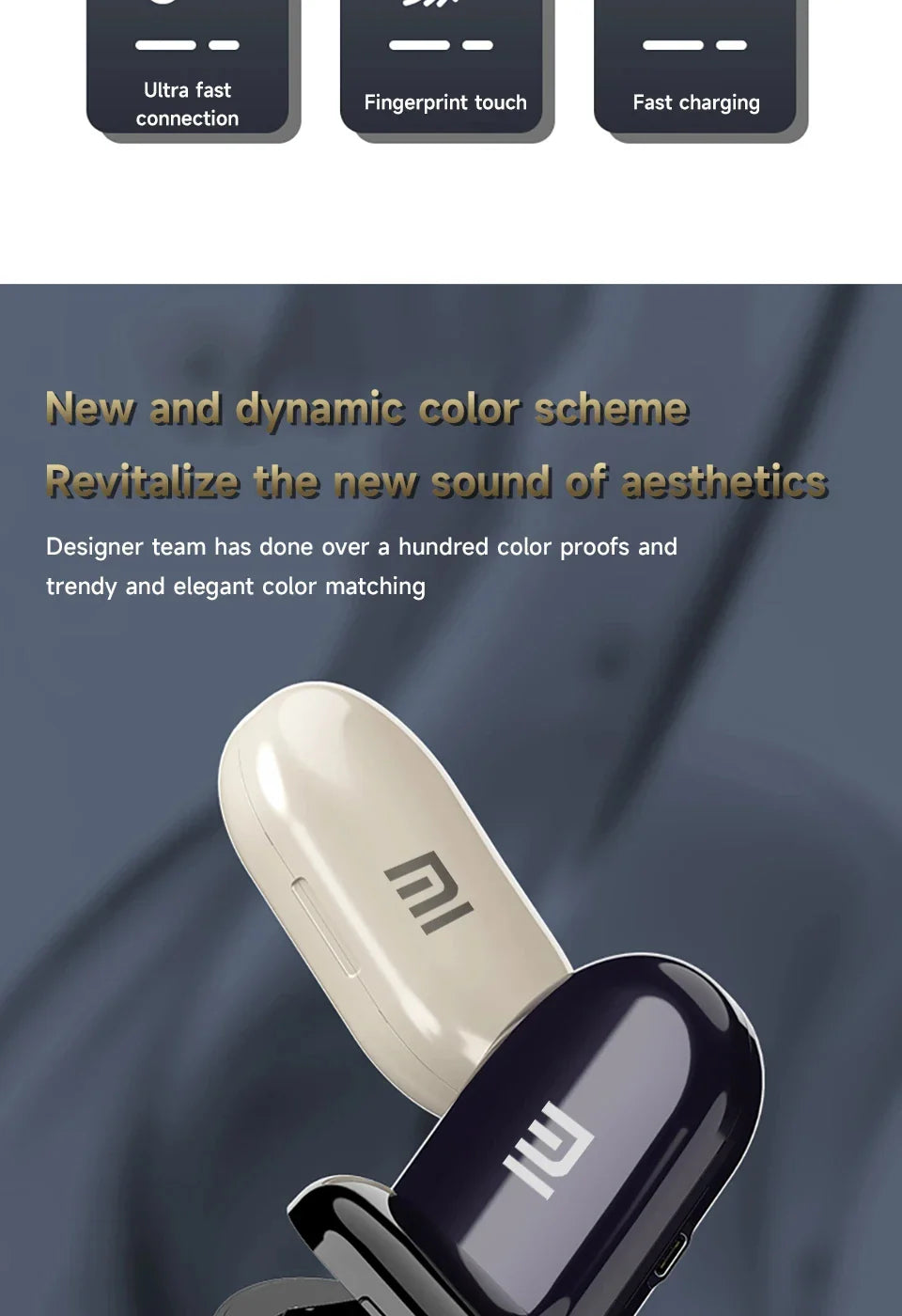 Wireless earbuds with a charging case, featuring a white and dark-colored design.