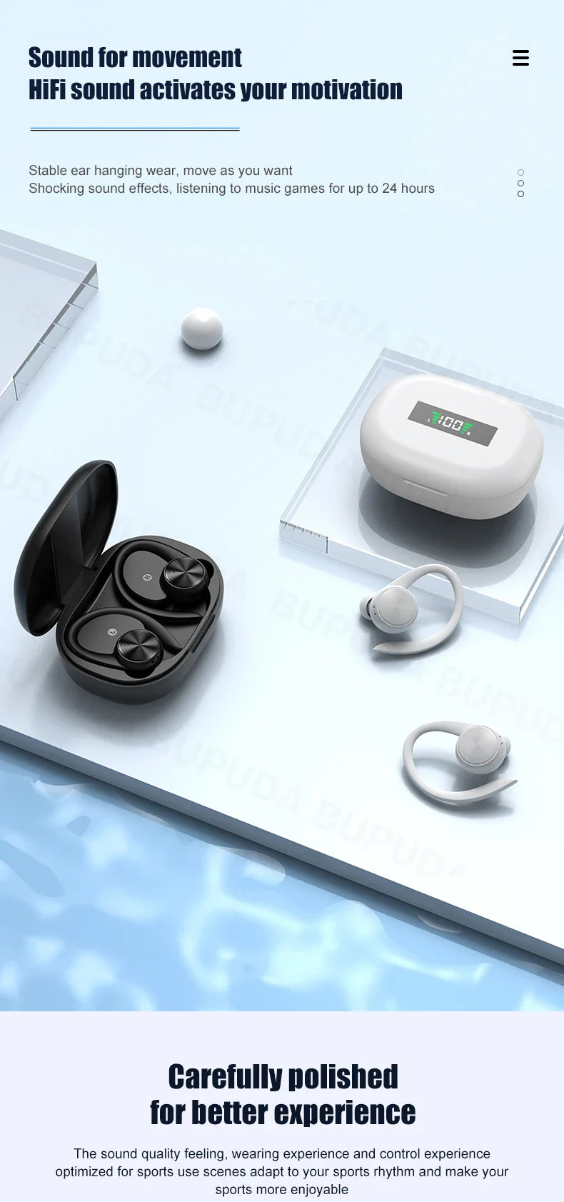 Wireless earbuds with a charging case.