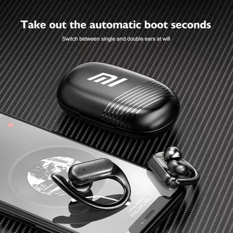 Wireless earbuds with a charging case featuring the Xiaomi (Mi) logo.