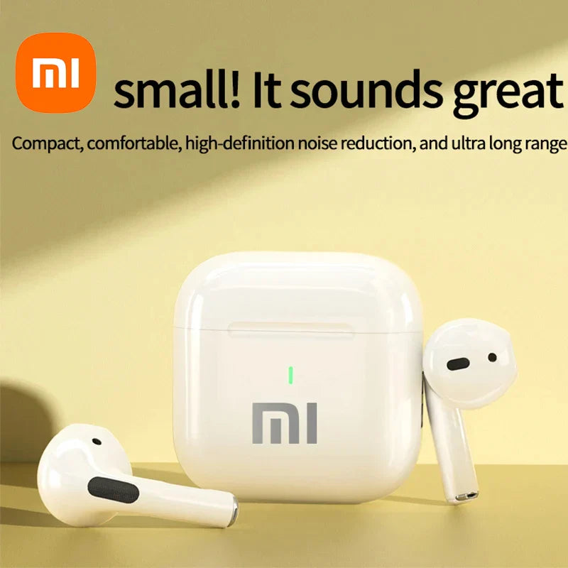 Wireless earbuds with a charging case, displaying the Xiaomi (Mi) logo.