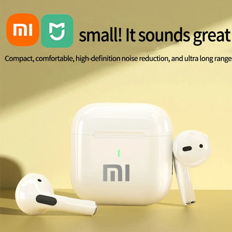 Wireless earbuds with a charging case, displaying the Xiaomi (Mi) logo.