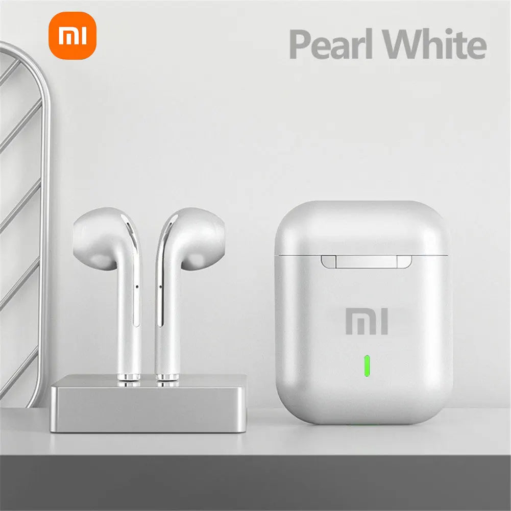 Wireless earbuds with a charging case from Xiaomi in pearl white color.