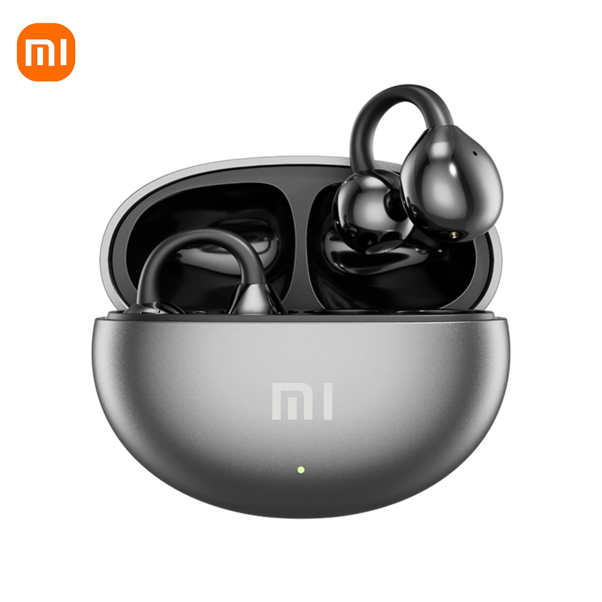 Wireless earbuds in a charging case with the Xiaomi (Mi) logo visible.