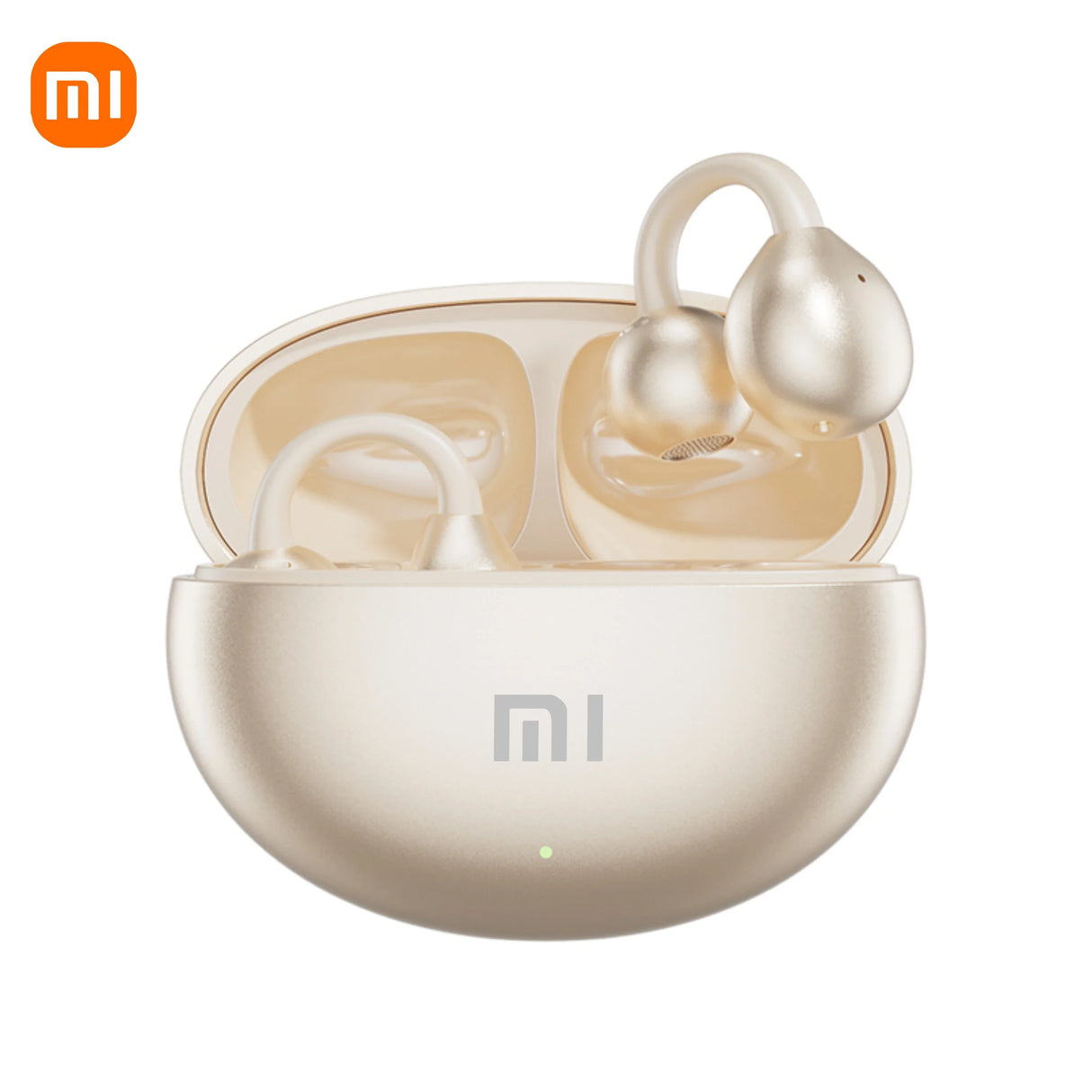 Wireless earbuds in a charging case with the Xiaomi (Mi) logo.