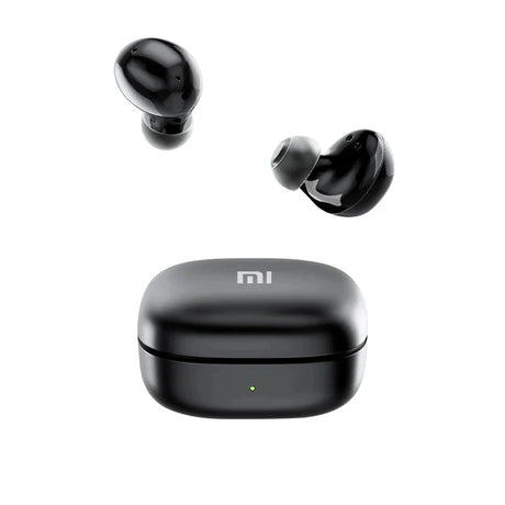 Wireless earbuds with a charging case bearing the Xiaomi (Mi) logo.