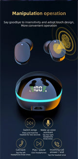 Wireless earbuds with a circular charging case featuring a digital display.