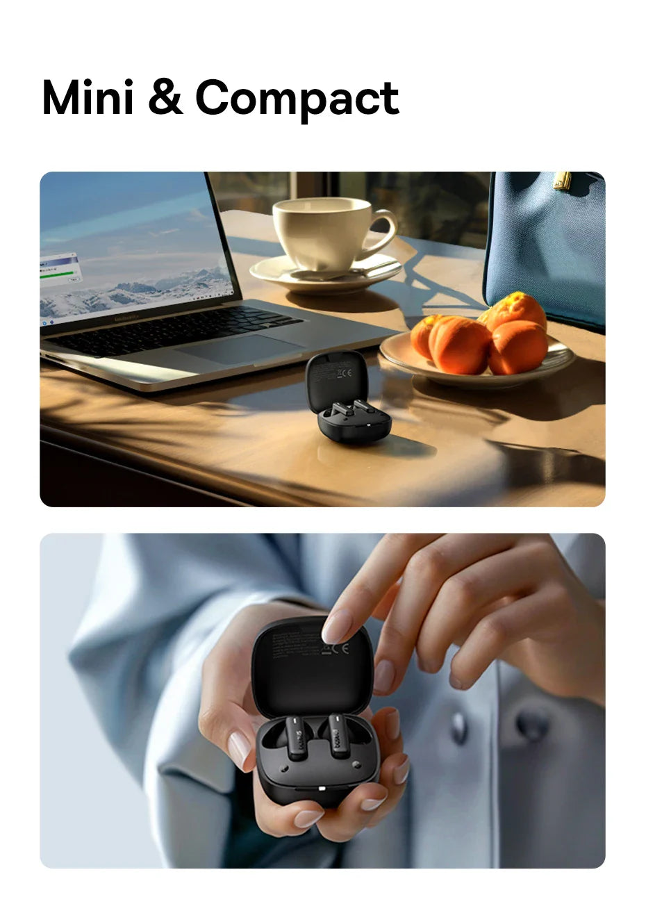 Wireless earbuds in a compact charging case.