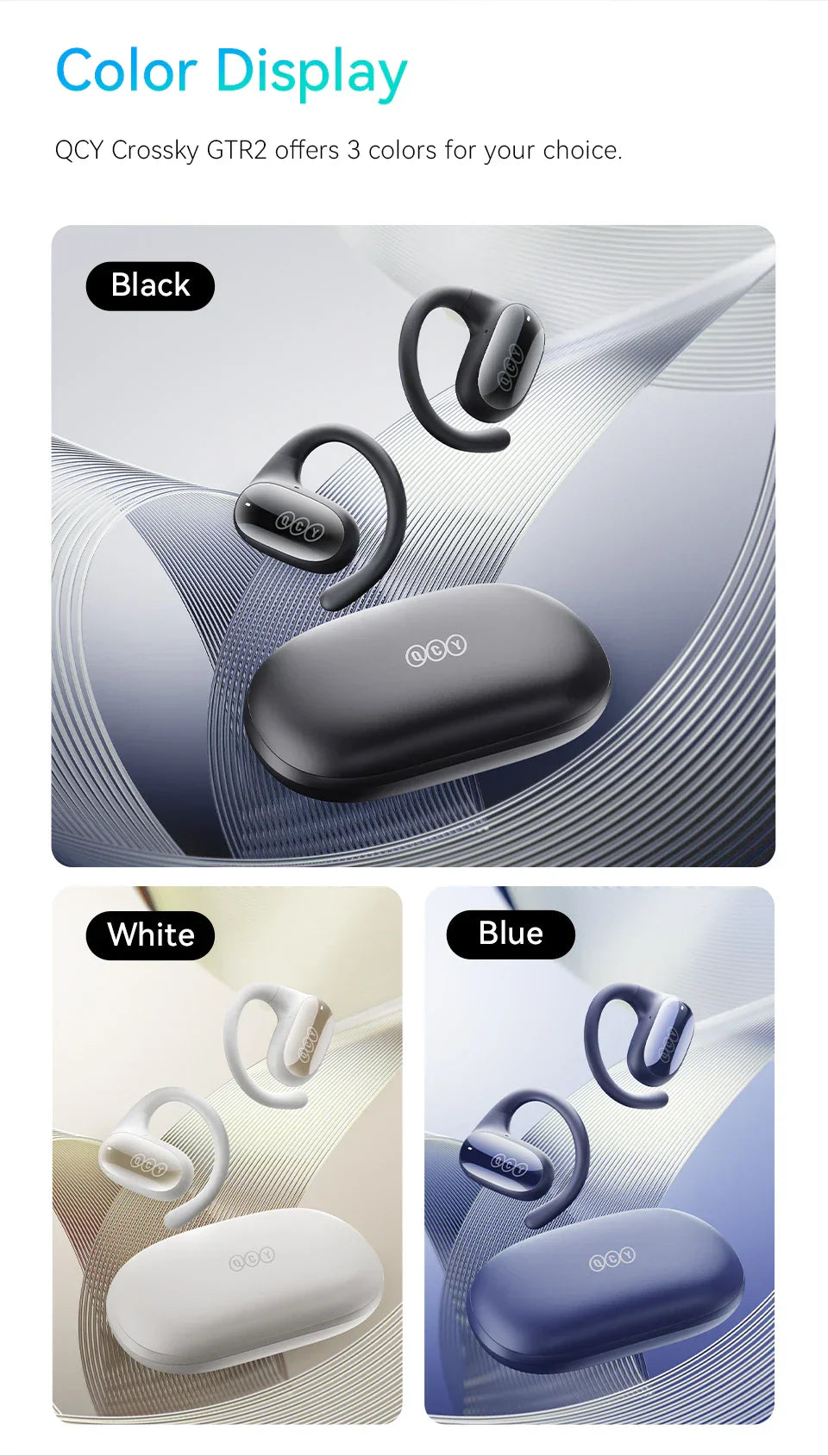 Wireless earbuds with ear hooks displayed in three color options: black, white, and blue.