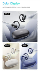 Wireless earbuds with ear hooks displayed in three color options: black, white, and blue.