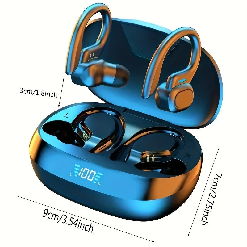 Wireless earbuds with ear hooks in a blue and orange charging case displaying a digital battery indicator.