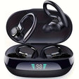 Wireless earbuds with ear hooks in a charging case featuring a digital display.