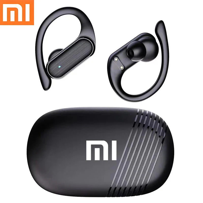 Wireless earbuds with ear hooks and a charging case featuring the Xiaomi (Mi) logo.