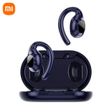 Wireless earbuds with ear hooks in a dark blue color, shown with their charging case.