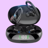 Wireless earbuds with ear hooks in a charging case displaying a digital battery indicator.