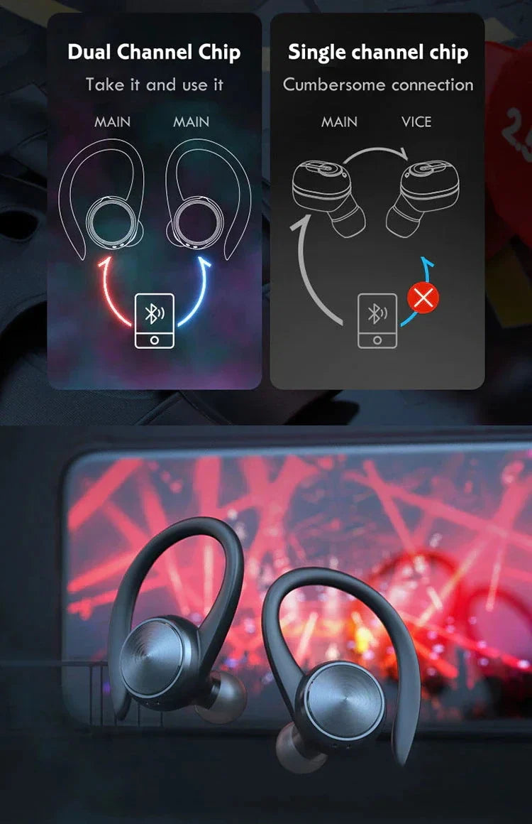 Wireless earbuds with ear hooks and a glowing red background.