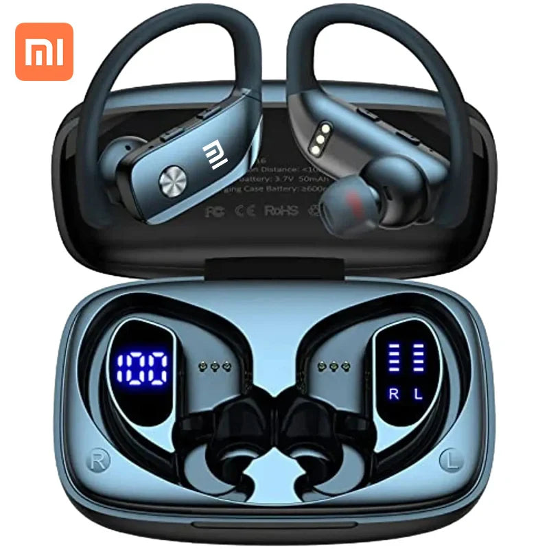 Wireless earbuds with ear hooks in a charging case displaying battery levels.