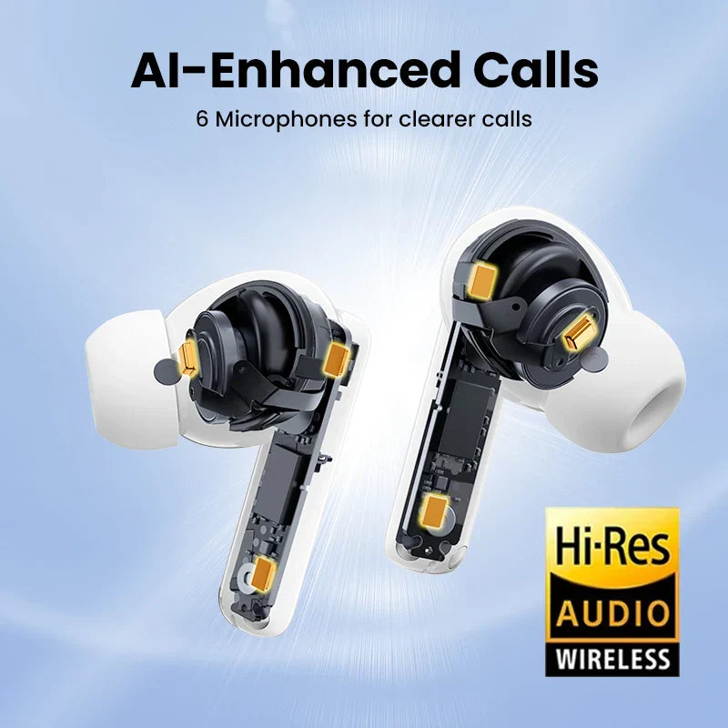 Wireless earbuds with exposed internal components showcasing multiple microphones and AI-enhanced call features.