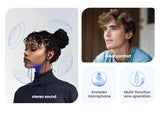 Wireless earbuds or headphones with various features highlighted.