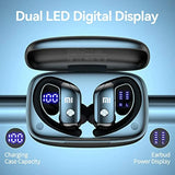 Wireless earbuds with LED displays in a charging case.