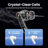 Wireless earbuds with noise cancellation and transparent mode.