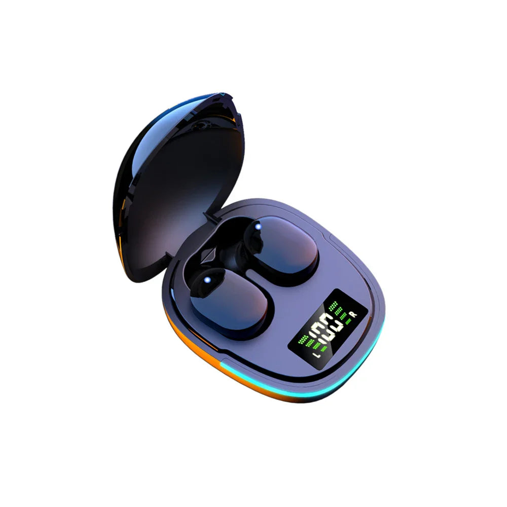 Wireless earbuds in an open charging case with a digital display.