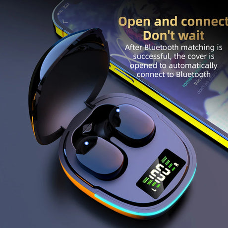 Wireless earbuds in an open charging case with a digital display.