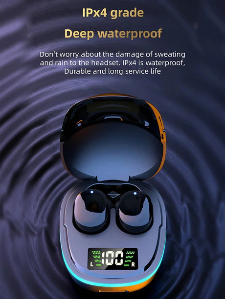 Wireless earbuds in an open charging case with a digital display showing battery percentage.