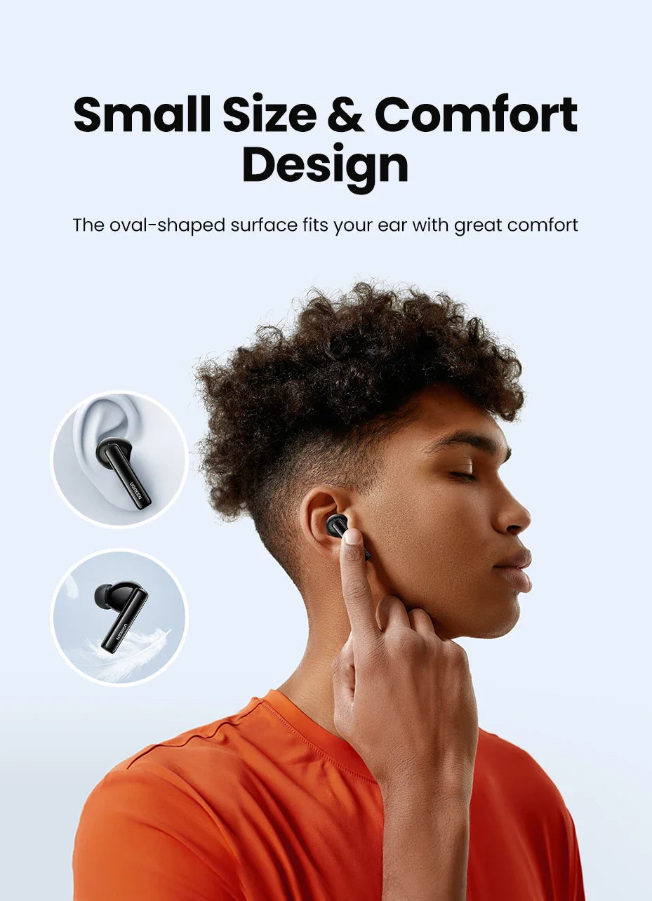 Wireless earbuds with an oval-shaped design for comfort.