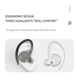 Wireless earbuds with over-ear hooks for secure fit.