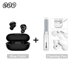 Wireless earbuds with cleaning pen.