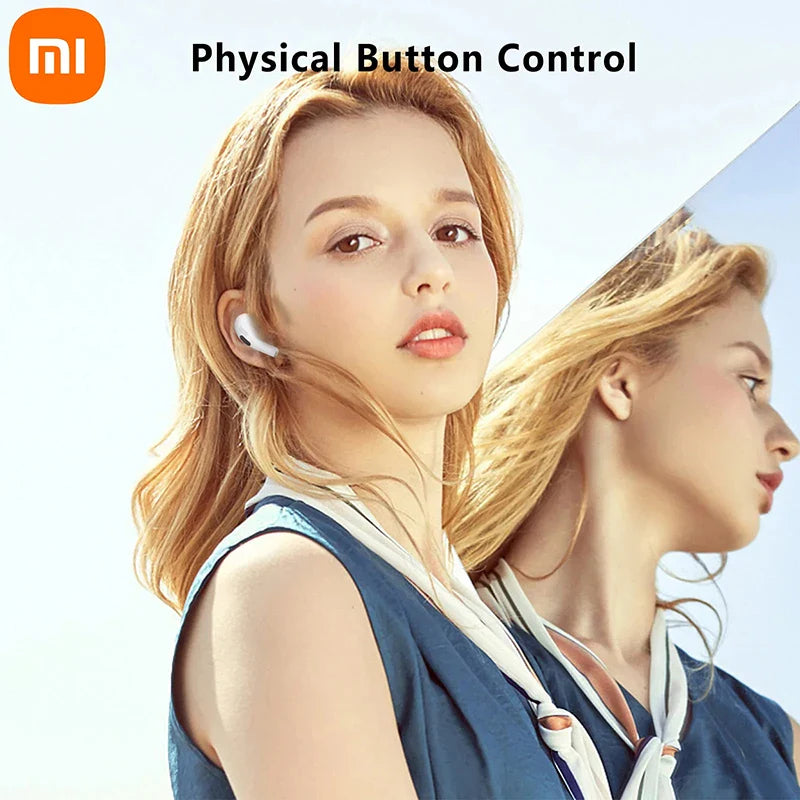 Wireless earbuds with physical button control, shown being worn by two women with blonde hair.