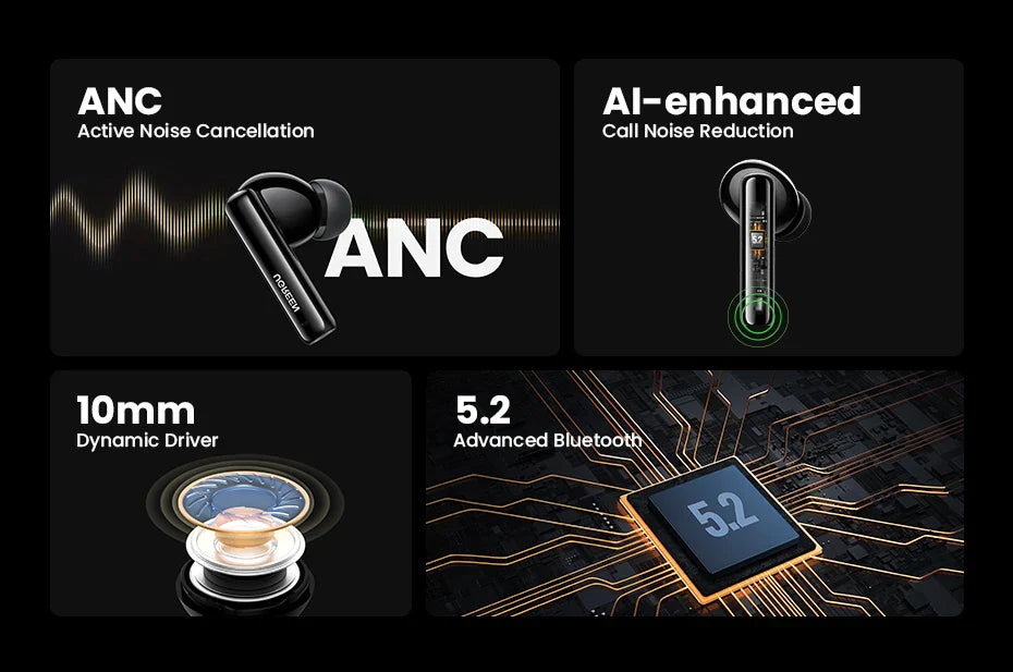 Wireless earbuds product features.