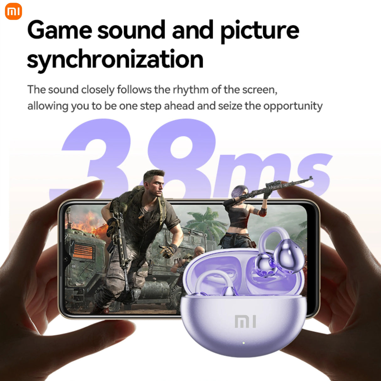 Wireless earbuds with a smartphone displaying a video game scene.