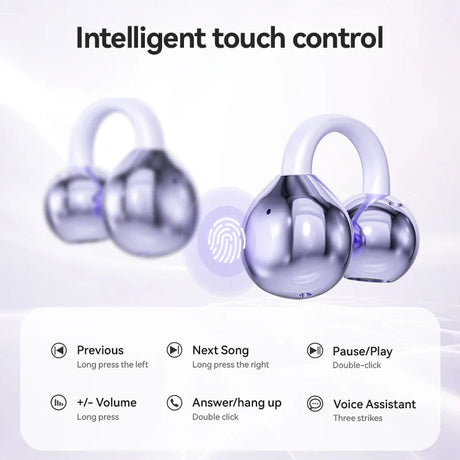 Wireless earbuds with touch control features.