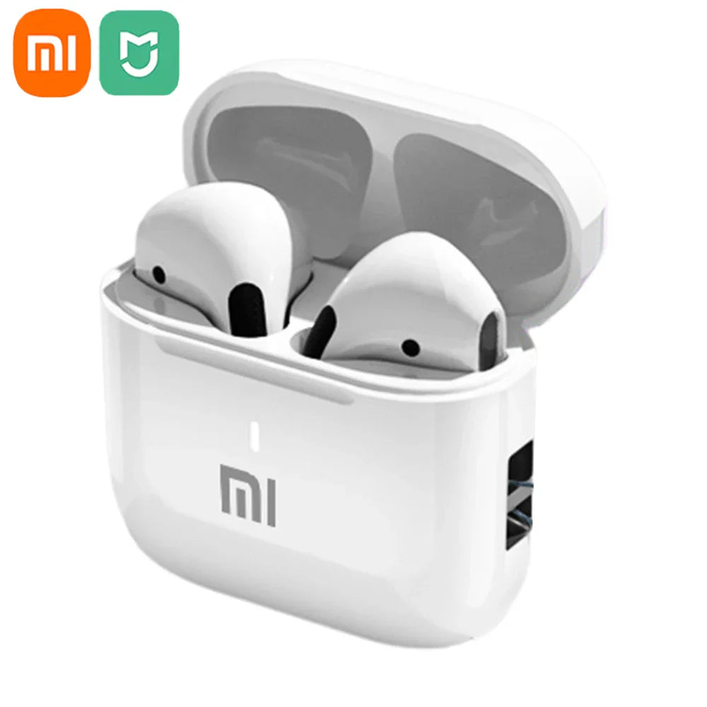 Wireless earbuds in a white charging case with the Xiaomi logo.