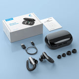 Wireless earphones with charging case and accessories.