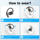 Wireless earphones with ear hooks and a step-by-step guide on how to wear them.