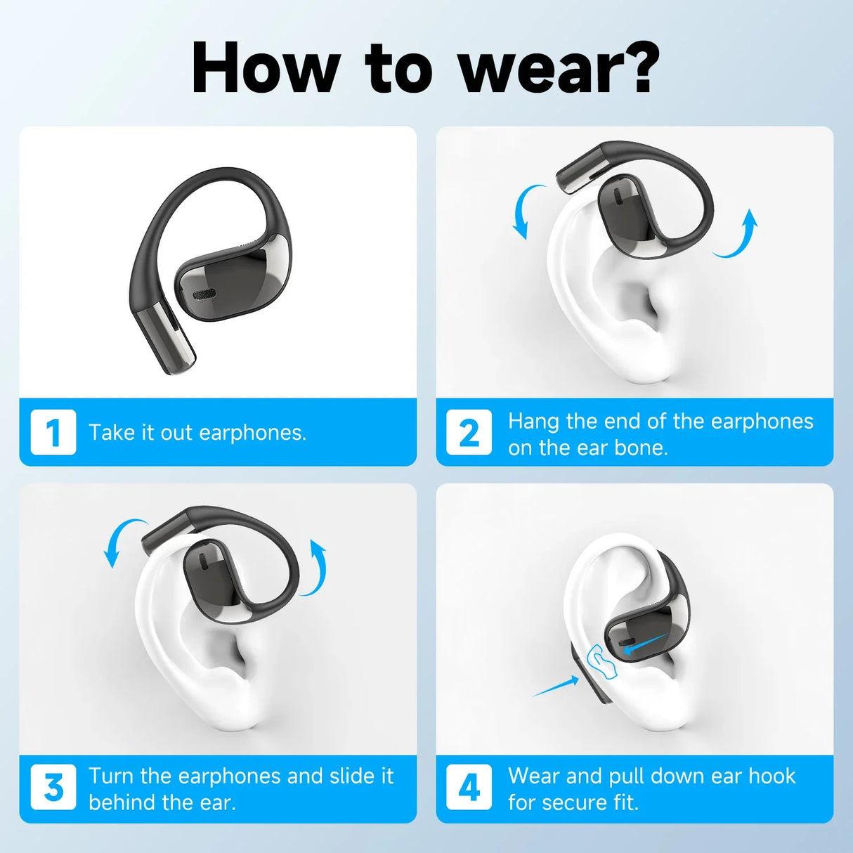 Wireless earphones with ear hooks and a step-by-step guide on how to wear them.